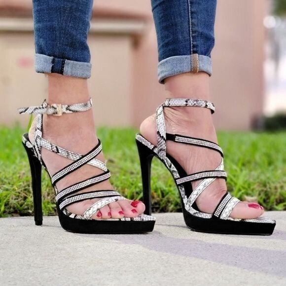 Women's Black Animal Print Rhinestone Strappy High Heels - Picture 1 of 6